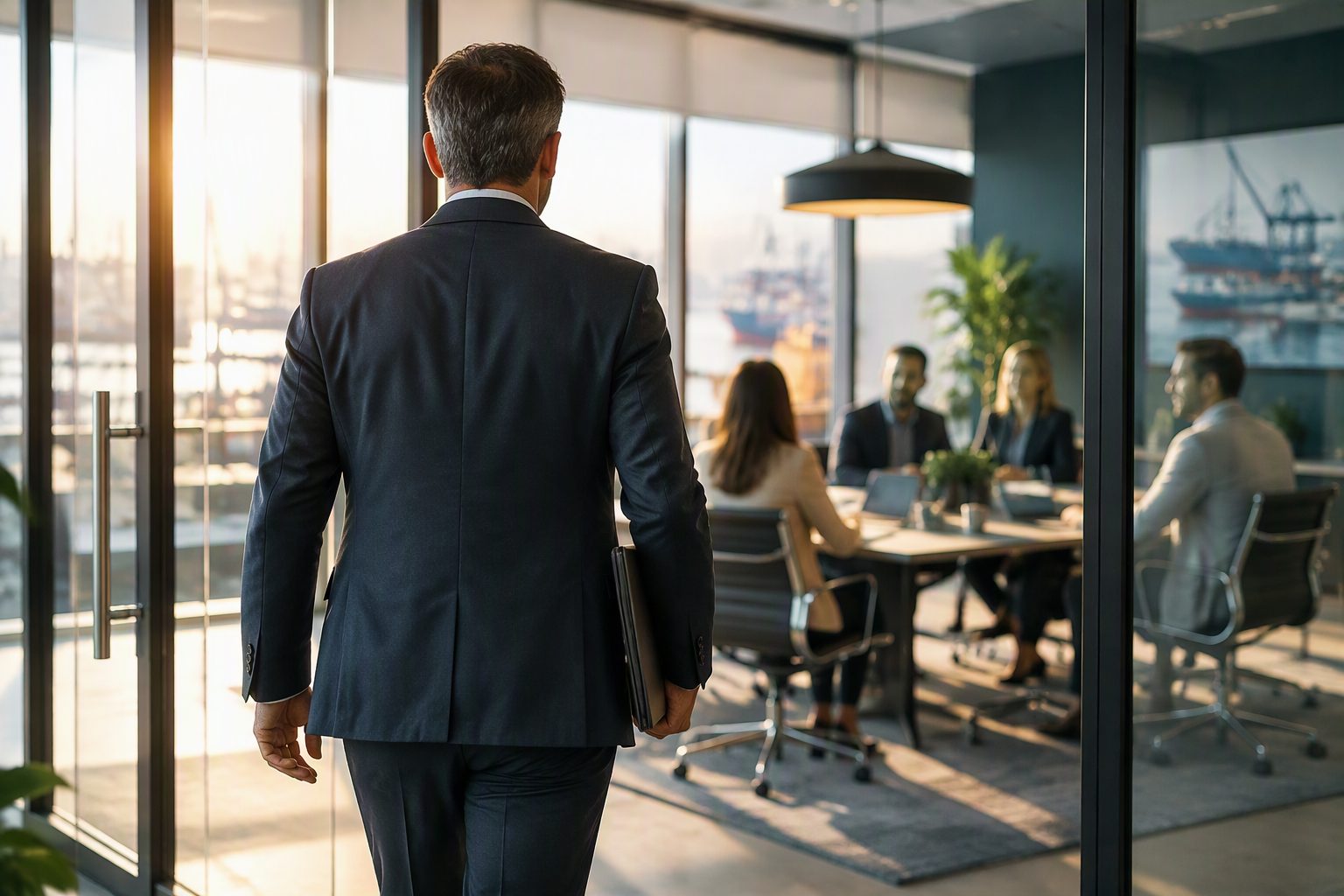A business leader seen from behind entering a glass walled meeting room