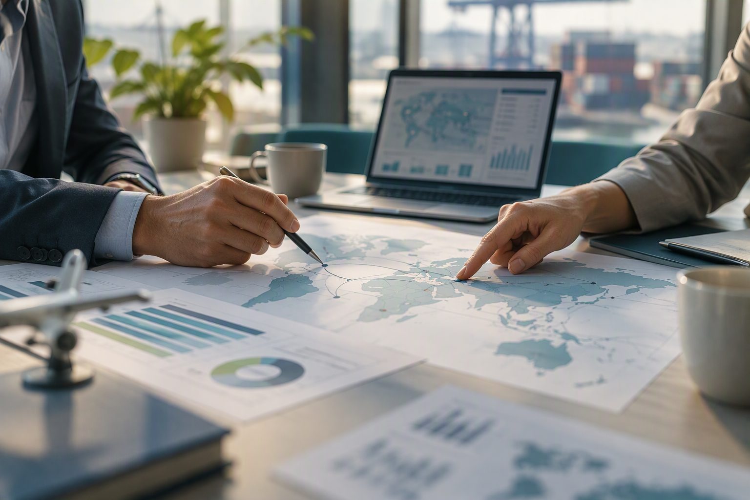 Hands over printed route and pipeline charts at a bright meeting table
