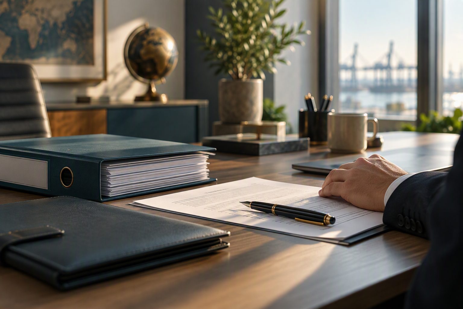 A tidy desk with a company register binder, a pen and documents in soft window light